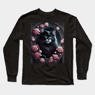 Cat with Roses - Modern digital art Long Sleeve T-Shirt